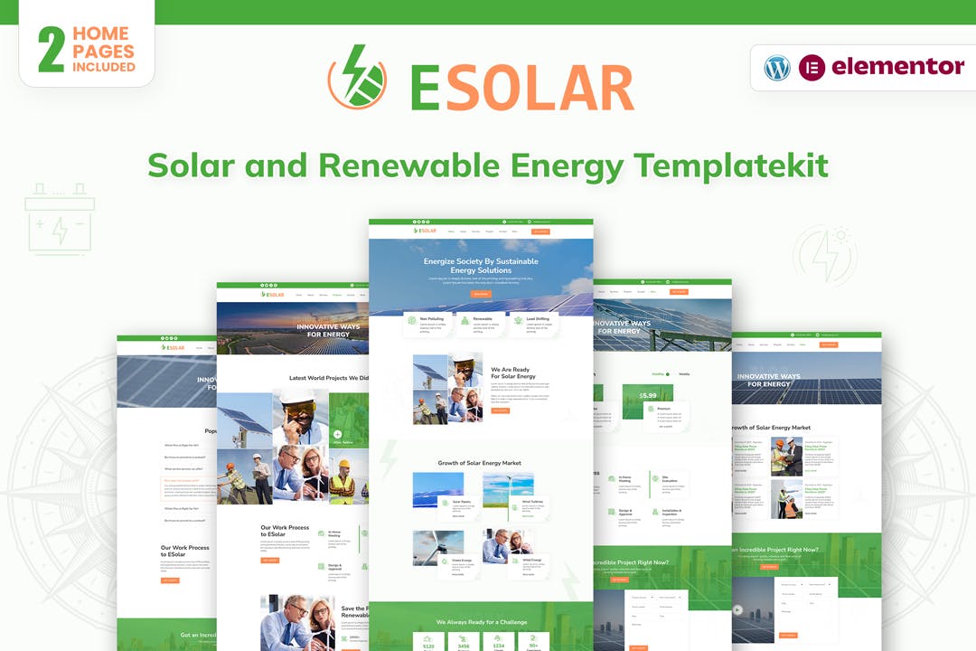 ESolar – 风能和太阳能发电服务 Wind & Solar Power Services Elementor Template Kit-WordPress精品站