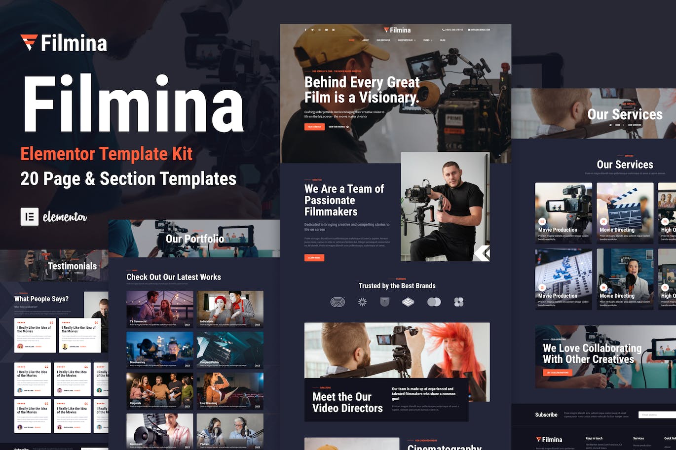 Filmina – 电影制作人和摄像师 Elementor 模板套件 Filmmakers & Videographer Elementor Template Kit-WordPress精品站